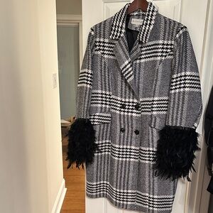 Women's Black and White Plaid Coat with Feather Cuffs they are detachable